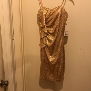 Hailey Logan Adrianna Papell gold strapless dress